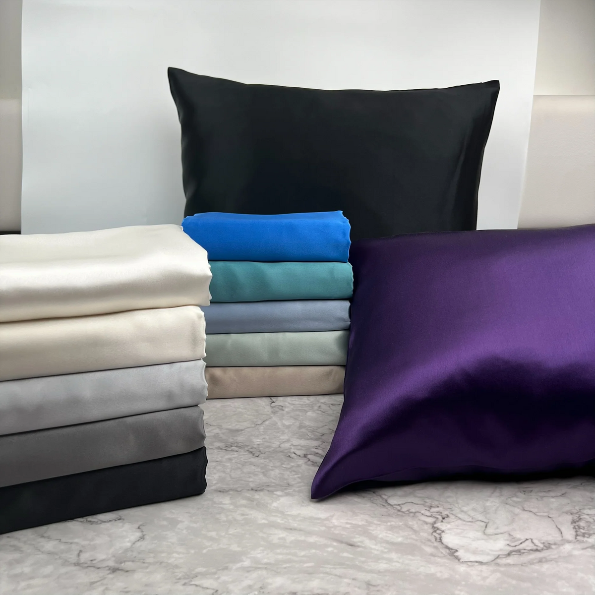 Stack Image of Mulberry Park Silks Deluxe 22 Momme Pure Silk Pillowcase in Different Colors