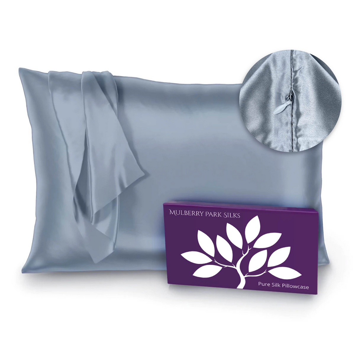Steel Blue Silo Image of Mulberry Park Silks Deluxe 22 Momme Pure Silk Pillowcase with Zipper Detail and Box
