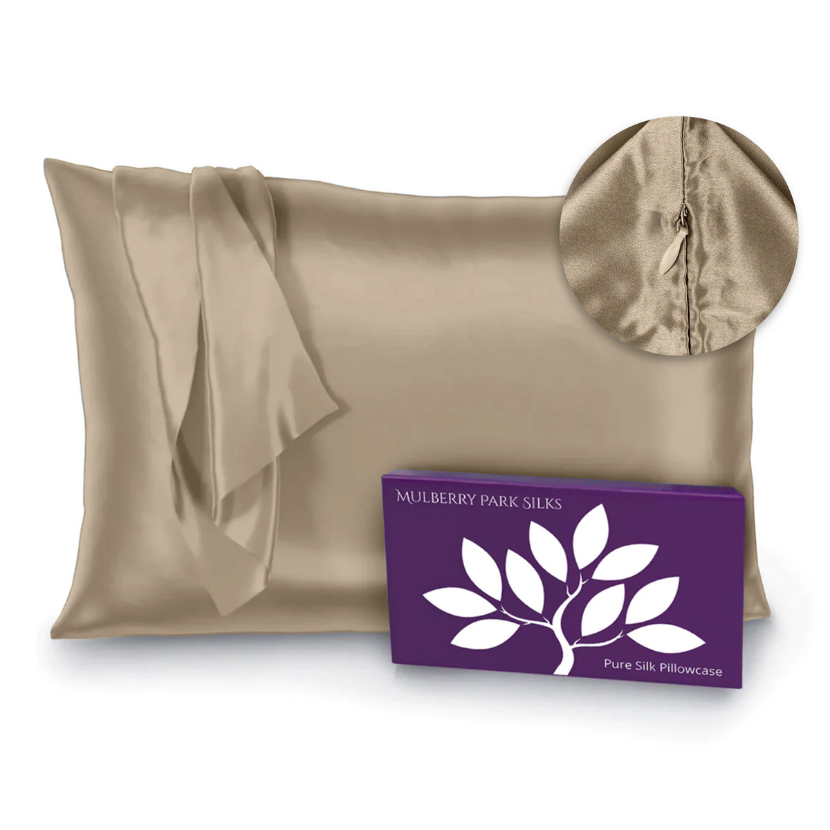 Taupe Silo Image of Mulberry Park Silks Deluxe 22 Momme Pure Silk Pillowcase with Zipper Detail and Box