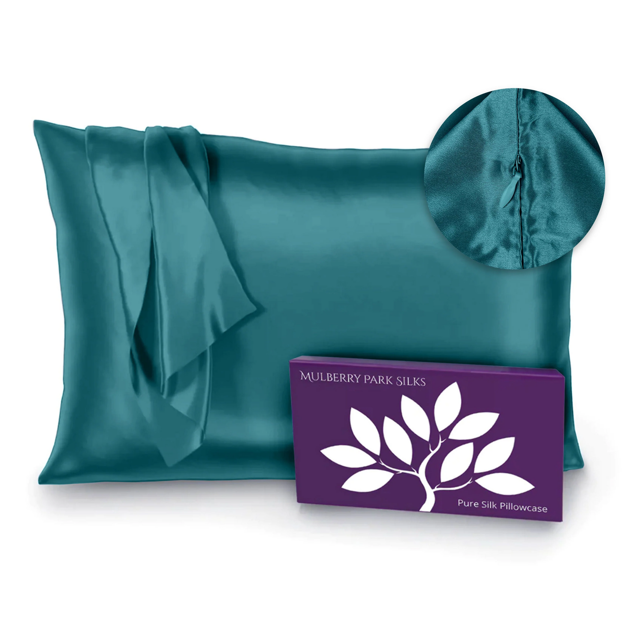 Teal Silo Image of Mulberry Park Silks Deluxe 22 Momme Pure Silk Pillowcase with Zipper Detail and Box