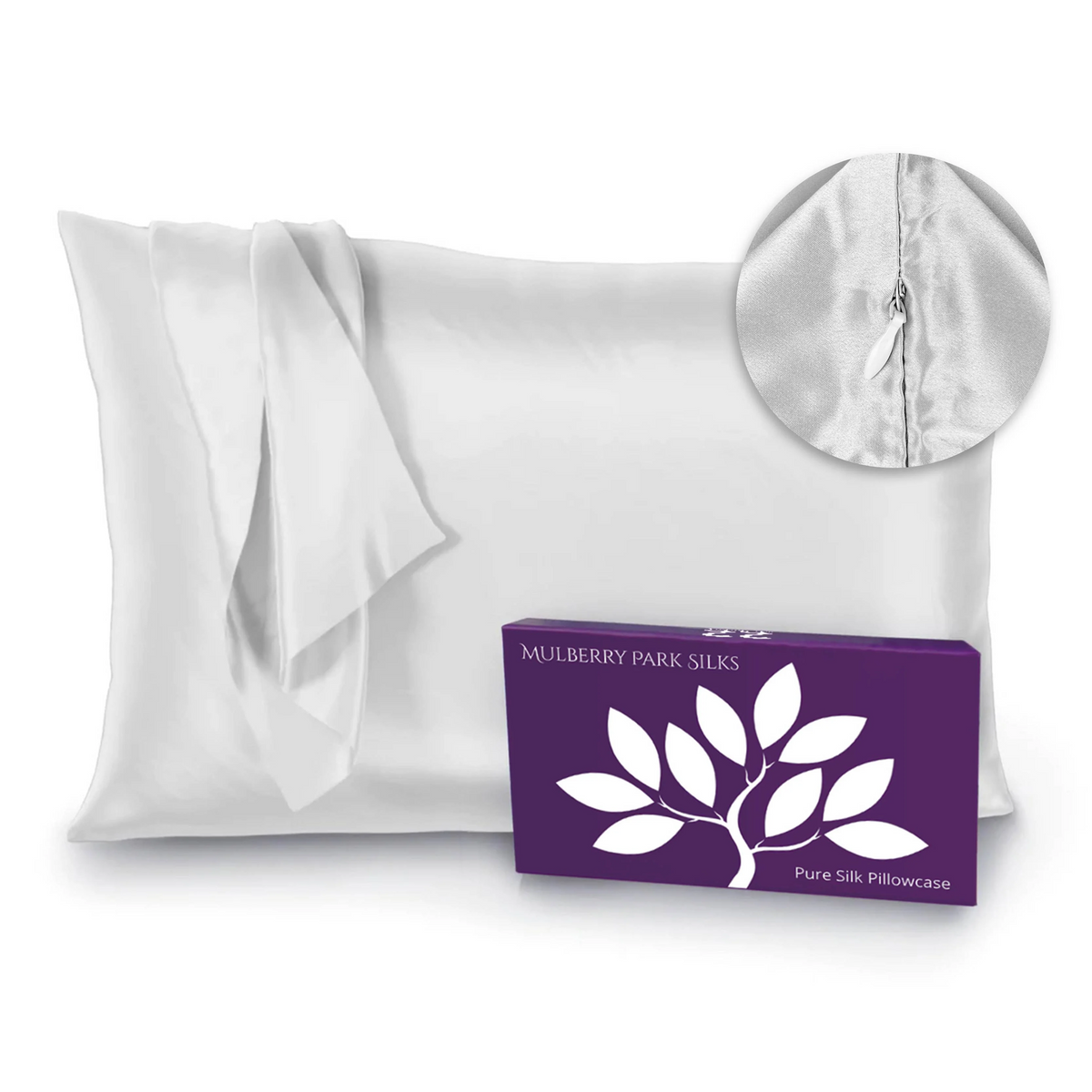 White Silo Image of Mulberry Park Silks Deluxe 22 Momme Pure Silk Pillowcase with Zipper Detail and Box