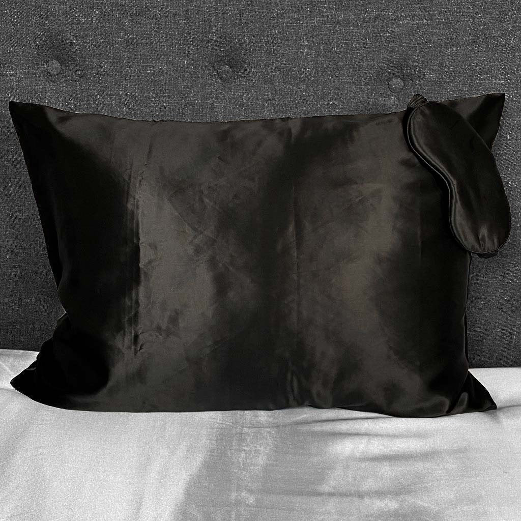Black 22 Momme Silk Pillowcase with a Smooth, Shiny Finish for Luxury, Comfort, and Better Sleep