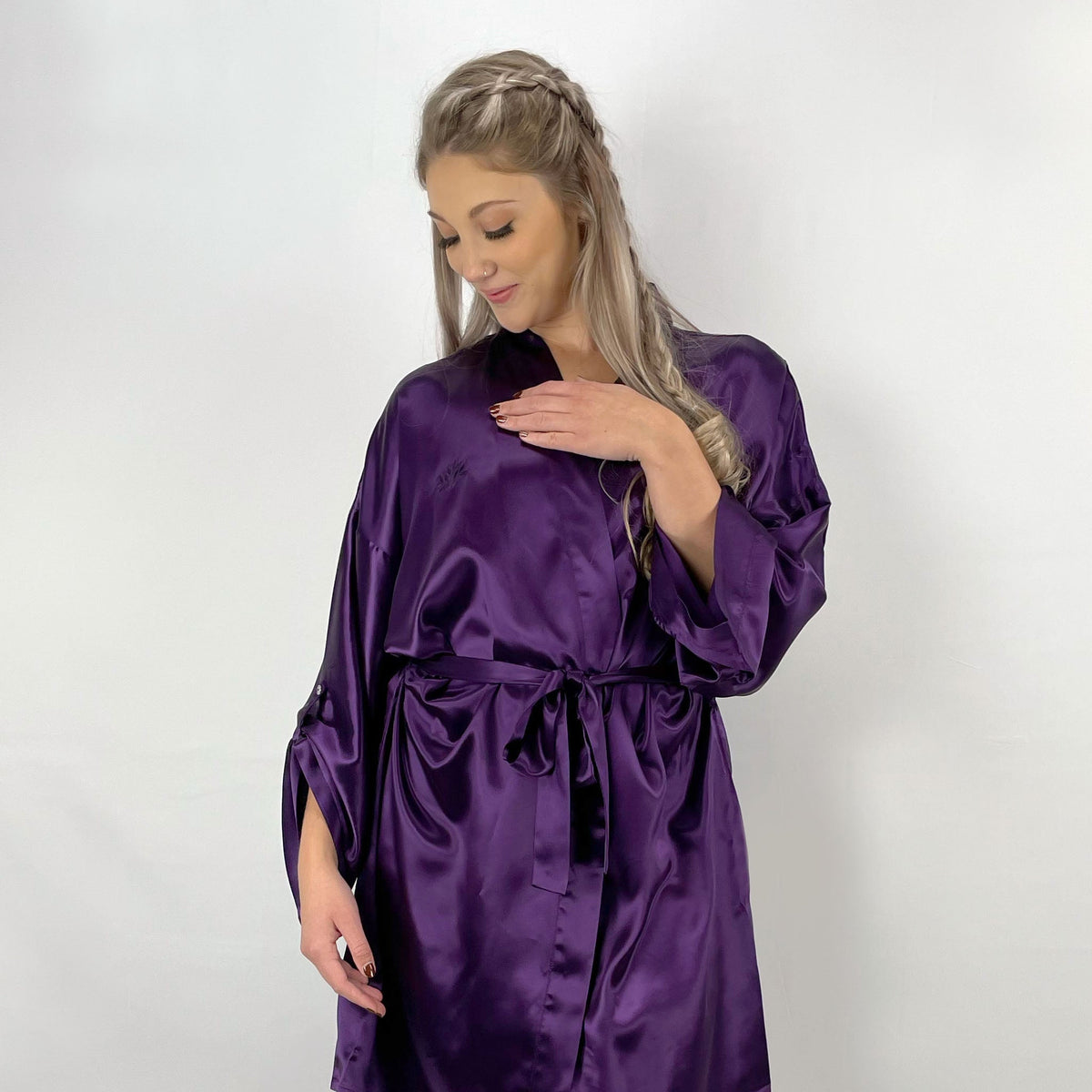 Luxurious purple silk kimono robe with a waist tie, showcasing a soft, silky loungewear look
