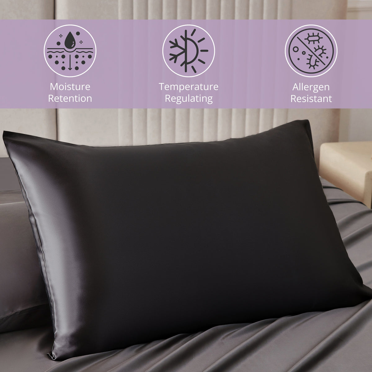 Hypoallergenic, Moisture-retaining, Cooling 22 Momme 100% Mulberry Silk Pillowcase in Black