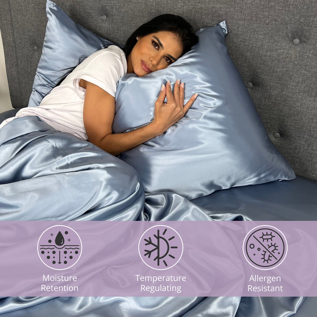Woman lying on bed with sham pillow, highlighting comfort and temperature regulation icons