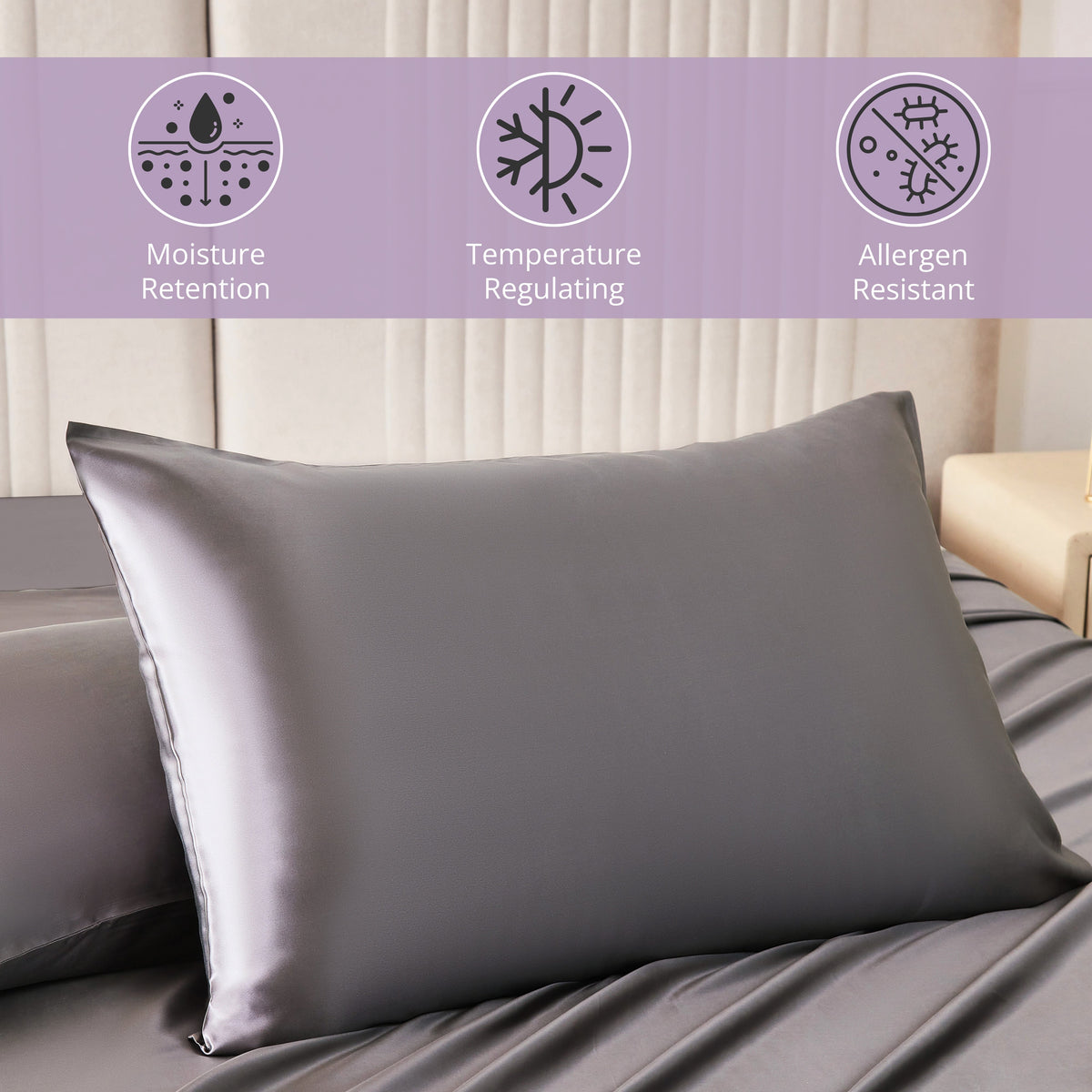 Hypoallergenic, Moisture-retaining, Cooling 30 Momme 100% Mulberry Silk Pillowcase in Gunmetal