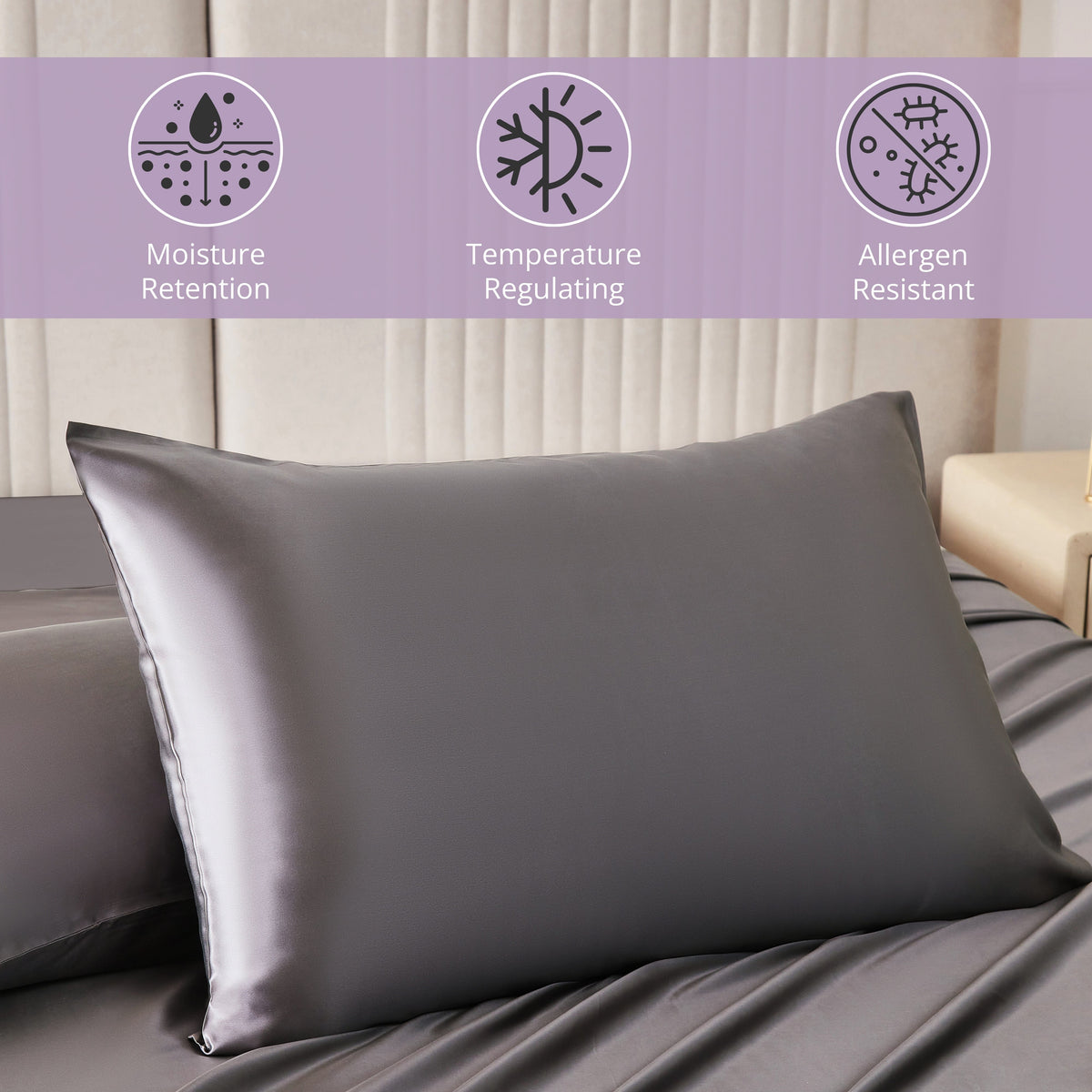 Hypoallergenic, Moisture-retaining, Cooling 22 Momme 100% Mulberry Silk Pillowcase in Gunmetal