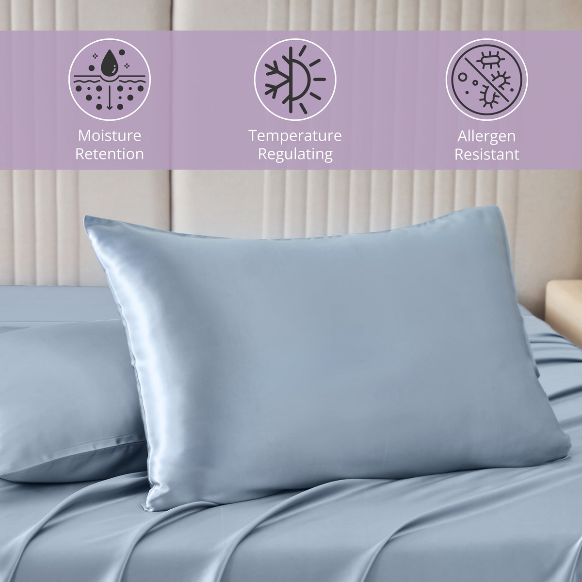 Hypoallergenic, Moisture-retaining, Cooling 22 Momme 100% Mulberry Silk Pillowcase in Steel Blue