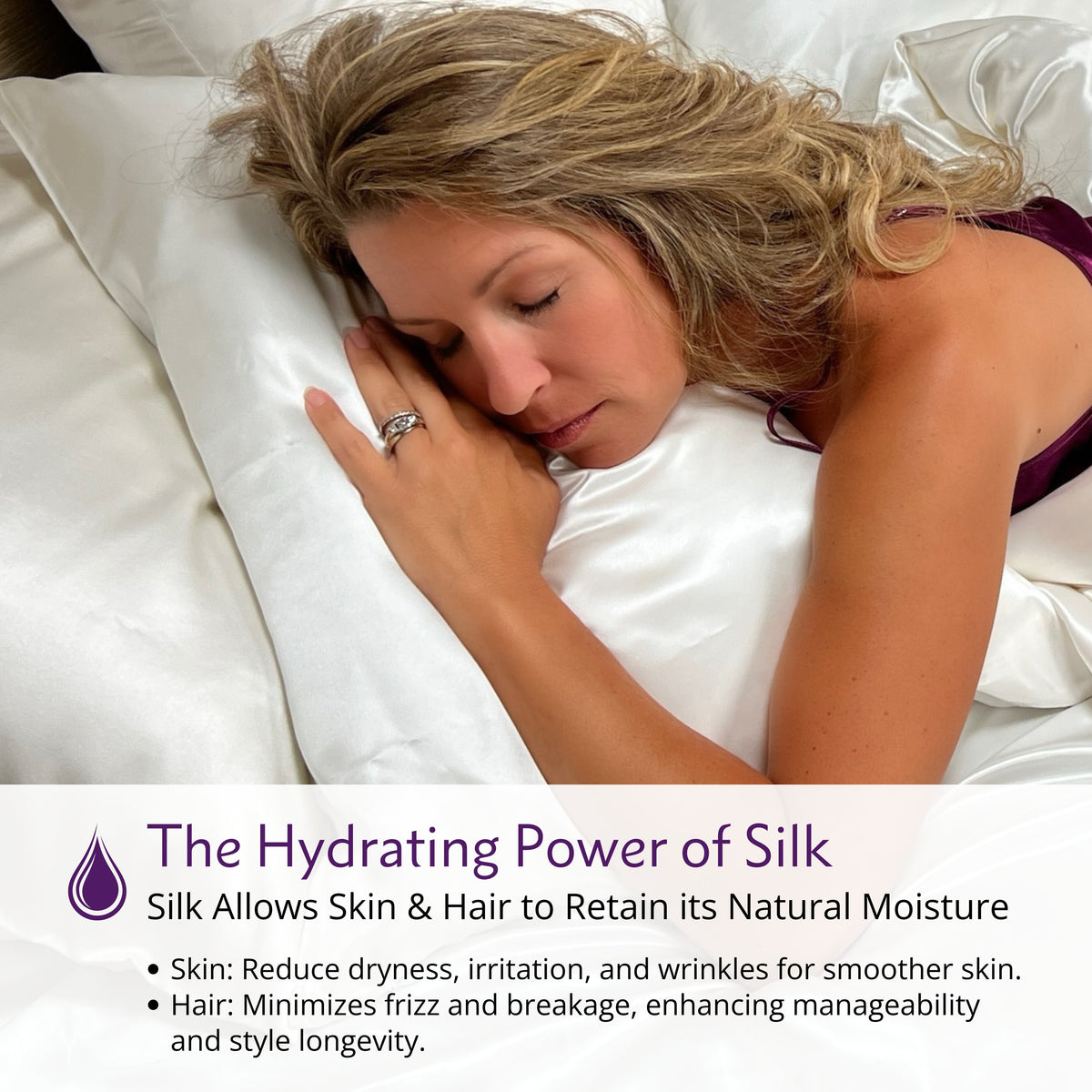 Woman sleeping on Euro pillow, showing how silk helps retain moisture for skin and hair