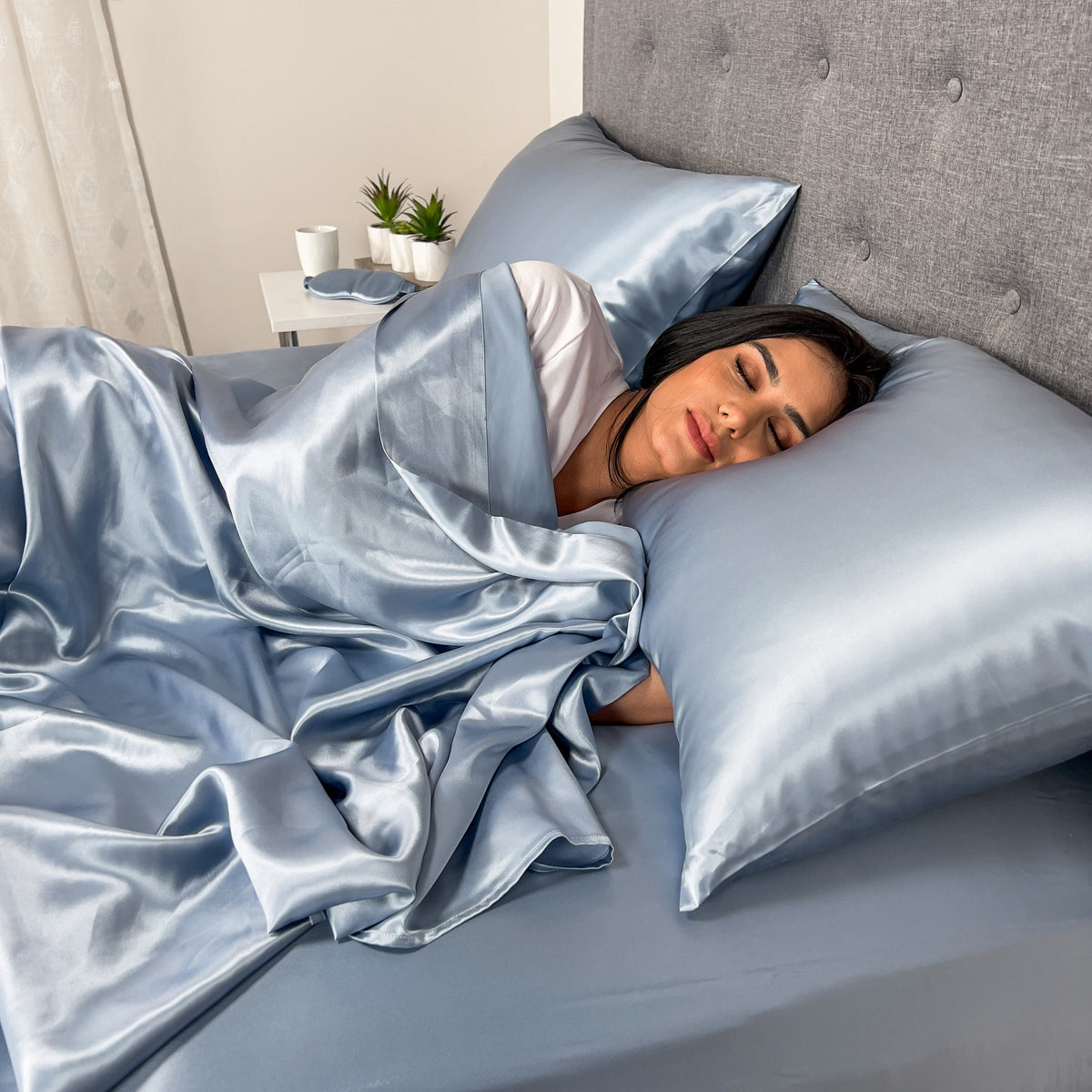 Soft Steel Blue Silk Pillowcase with a Lustrous Sheen, Offering a Smooth and Luxurious Touch
