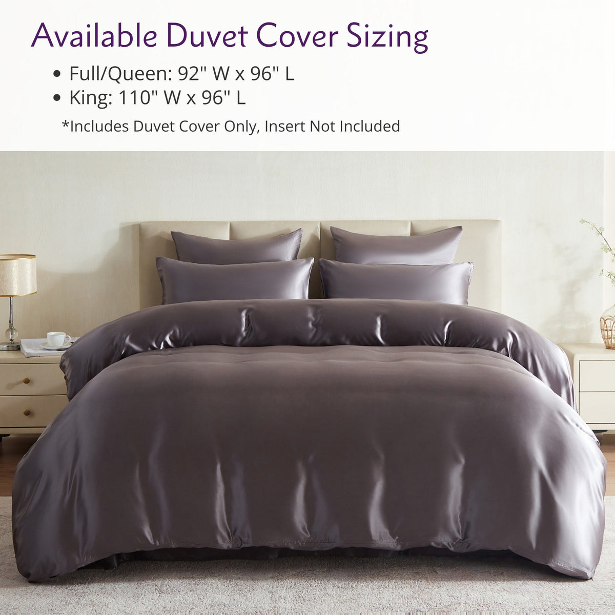 Gray duvet cover set on a bed with sizing information displayed above.