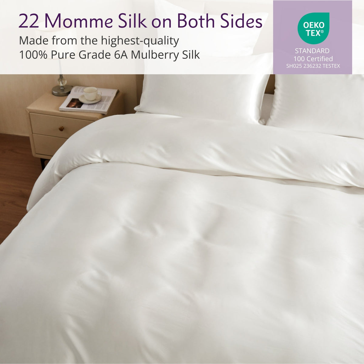 Mulberry Park Silks OUTLET Mulberry Park Silks 22 Momme Duvet Covers in White/Ivory on a bed, showcasing luxurious 100% pure Grade 6A Mulberry silk bedding with OEKO-TEX certification.