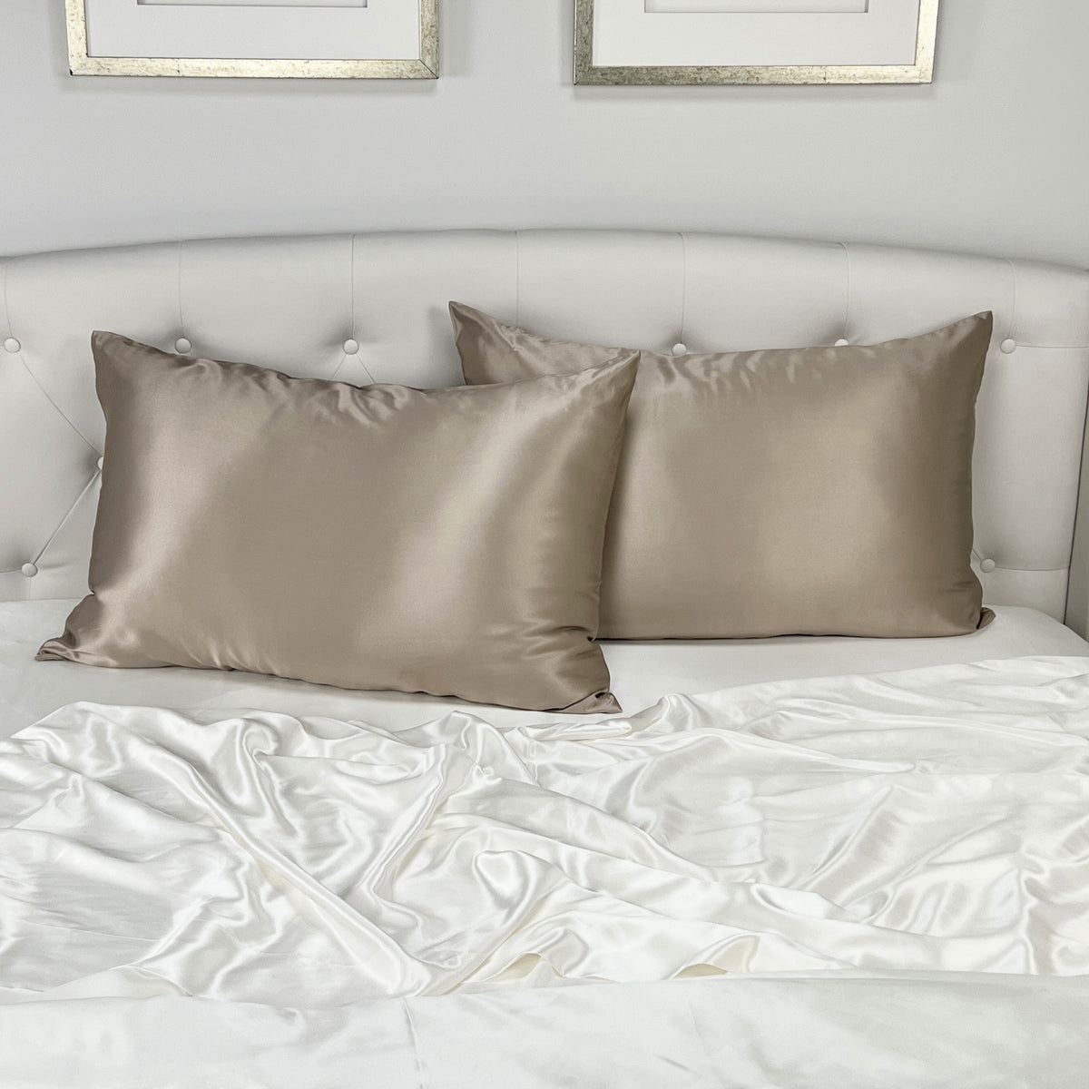 Taupe Silk Pillowcase with a Smooth, Glossy Finish, Placed on the Headboard Bed