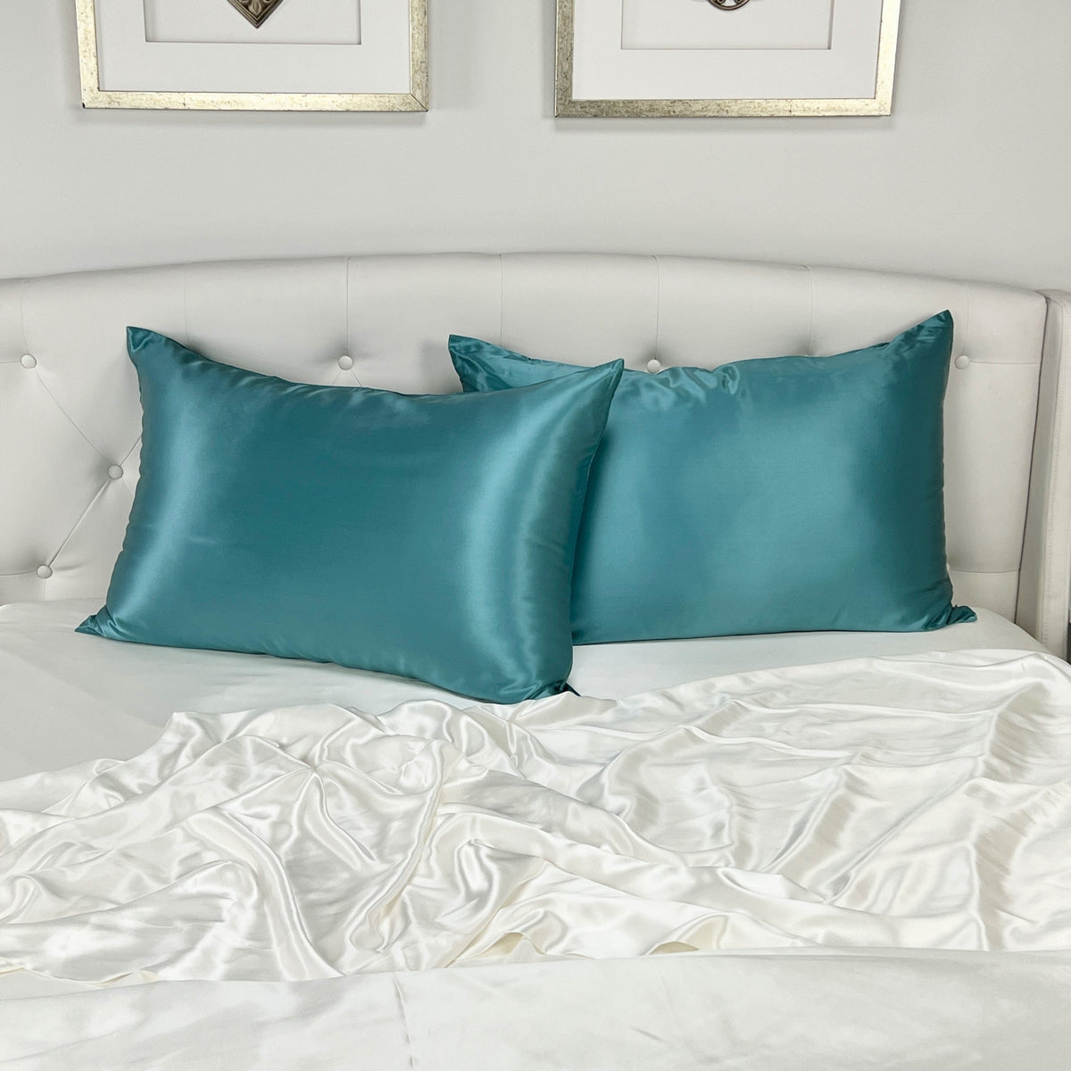 Teal Silk Pillowcase with a Smooth, Glossy Finish, Placed on the Headboard Bed
