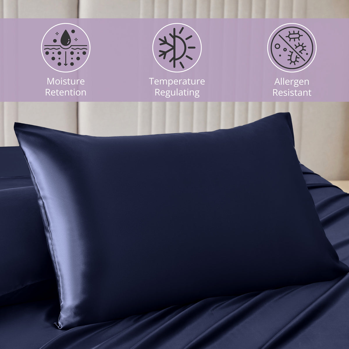 Hypoallergenic, Moisture-retaining, Cooling 30 Momme 100% Mulberry Silk Pillowcase in Navy
