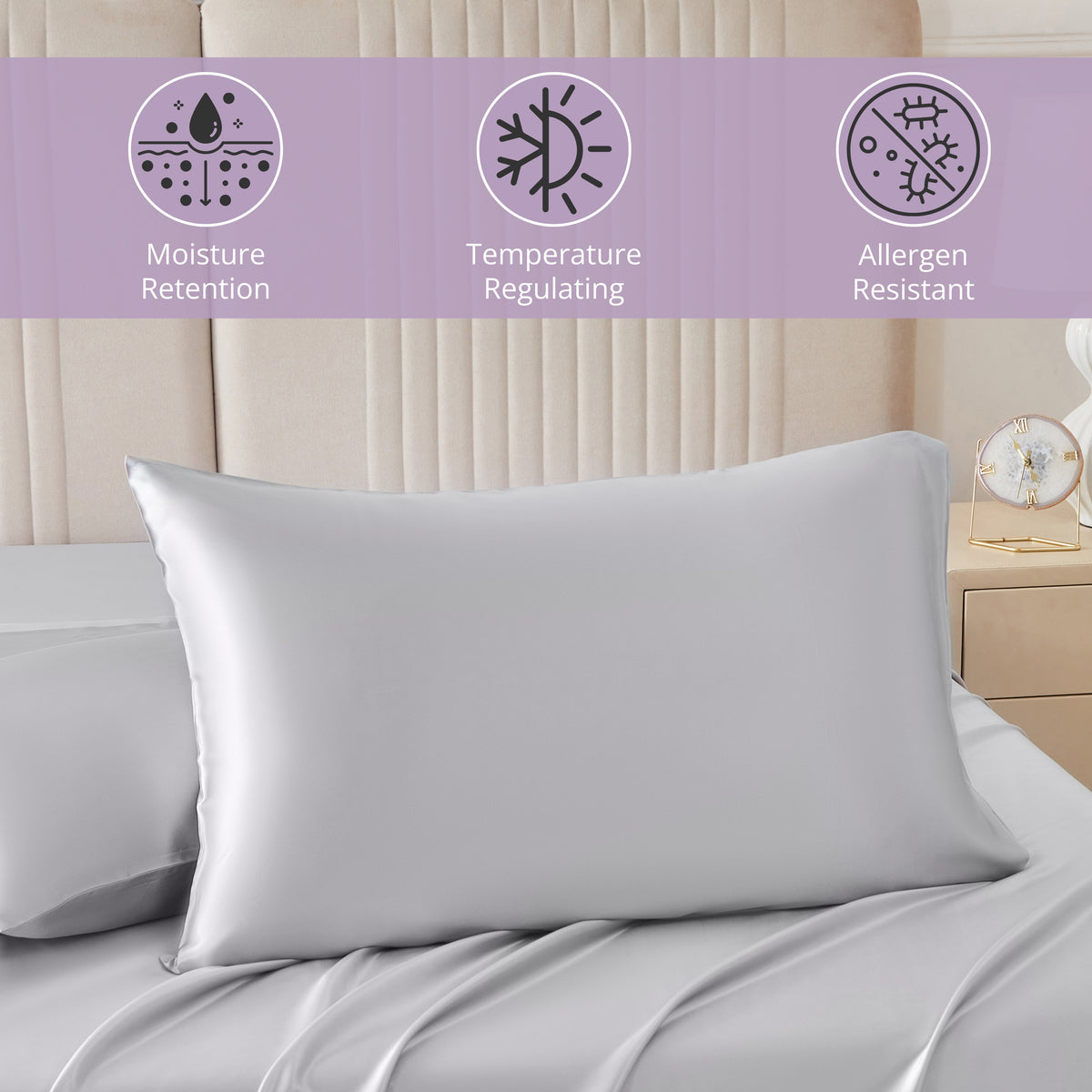 Hypoallergenic, Moisture-retaining, Cooling 30 Momme 100% Mulberry Silk Pillowcase in Silver