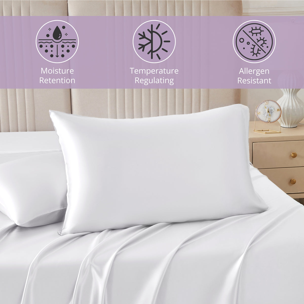 Hypoallergenic, Moisture-retaining, Cooling 30 Momme 100% Mulberry Silk Pillowcase in White