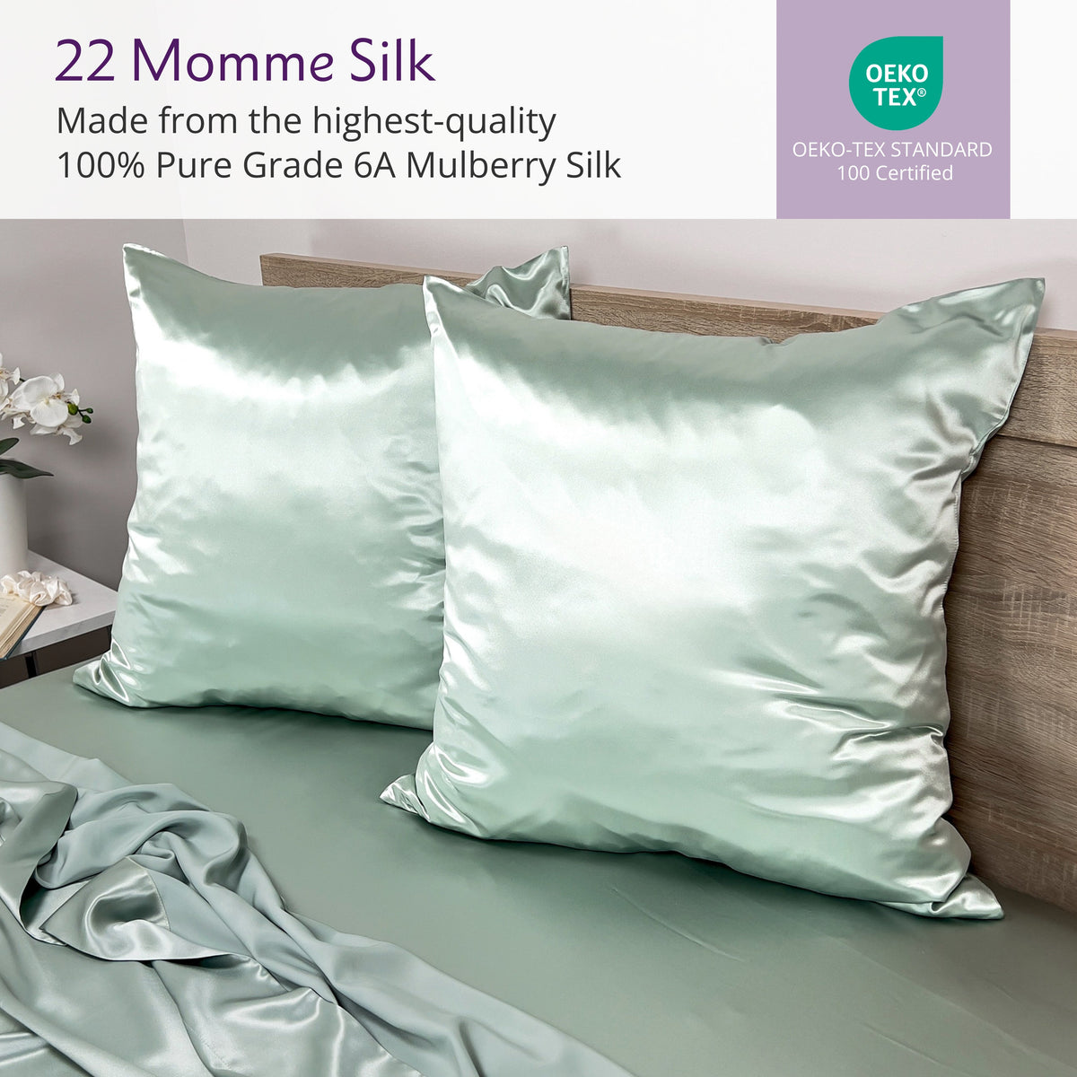 Pair of Pillows on a bed with silk Euro sham pillowcases on it, showcasing soft shine and quality