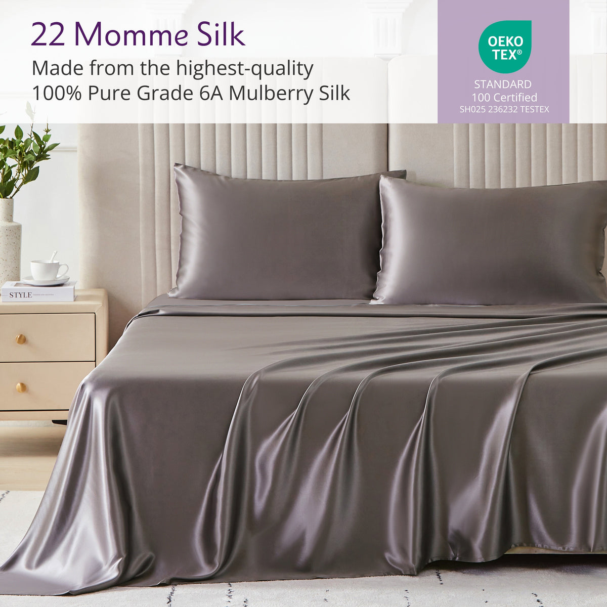 Mulberry Park Silks 100% pure 6A grade Gunmetal luxurious bed sheets with matching pillowcase