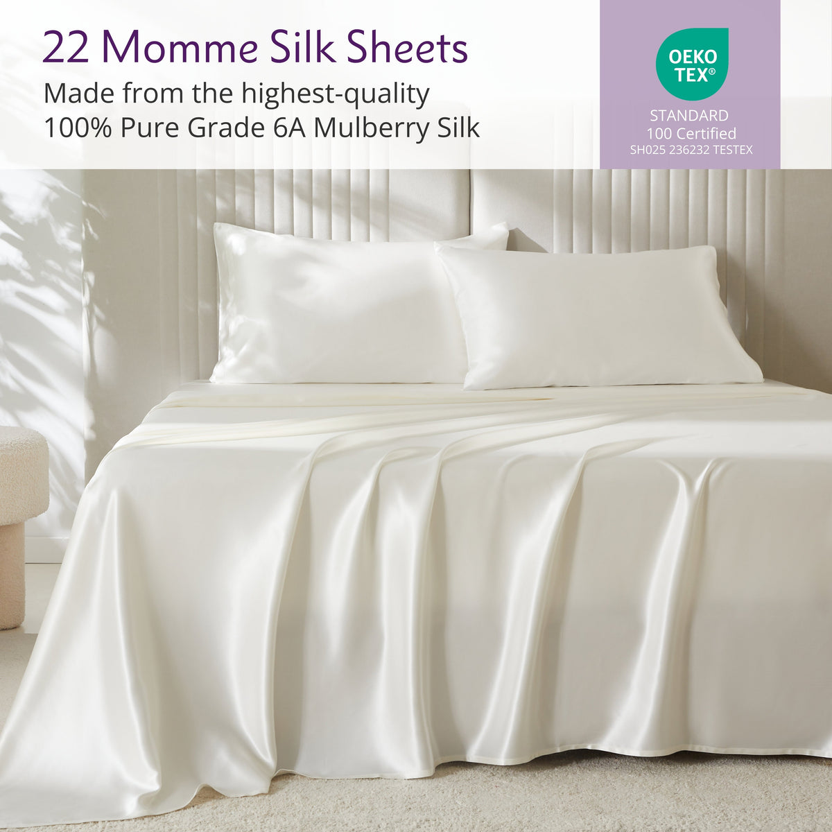 Mulberry Park Silks 100% pure 6A grade Ivory luxurious bed sheets with matching pillowcase