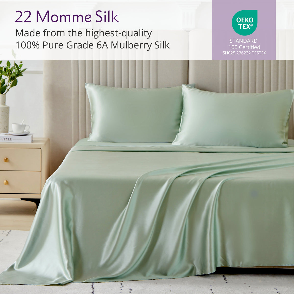 Mulberry Park Silks 100% pure 6A grade Sage luxurious bed sheets with matching pillowcase