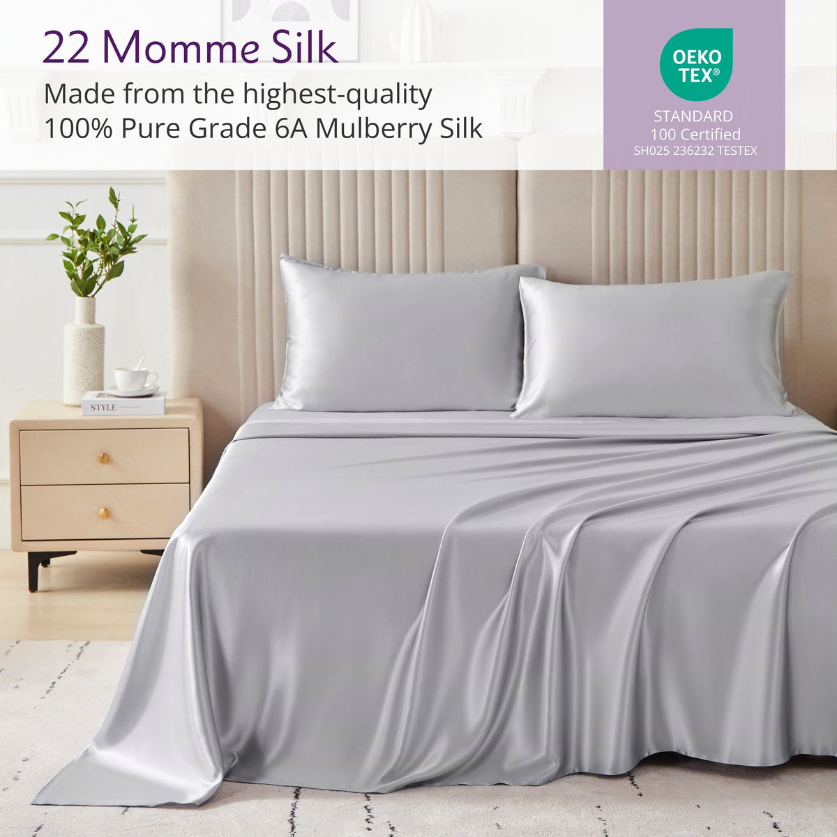 Mulberry Park Silks 100% pure 6A grade Gunmetal luxurious bed sheets with matching pillowcase