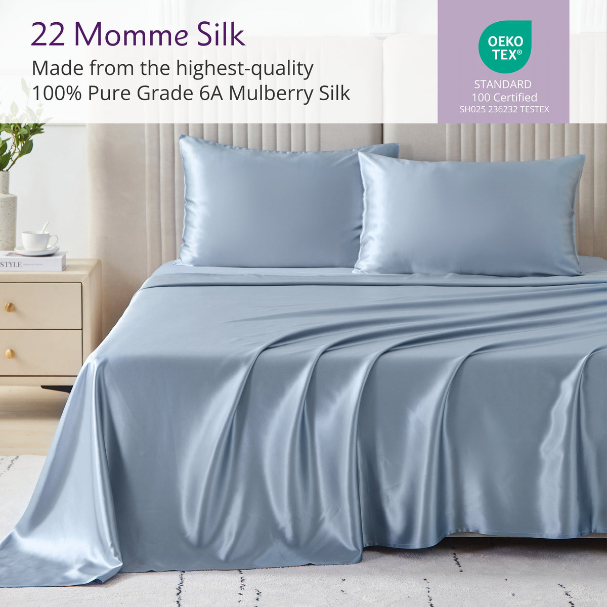 Mulberry Park Silks 100% pure 6A grade steel blue luxurious bed sheets with matching pillowcase