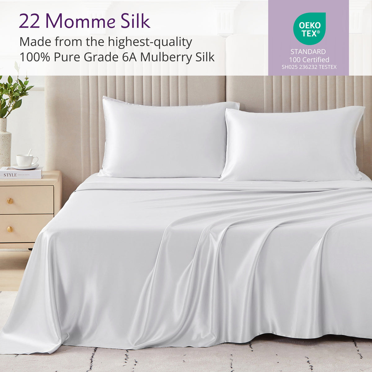 Mulberry Park Silks 100% pure 6A grade White luxurious bed sheets with matching pillowcase
