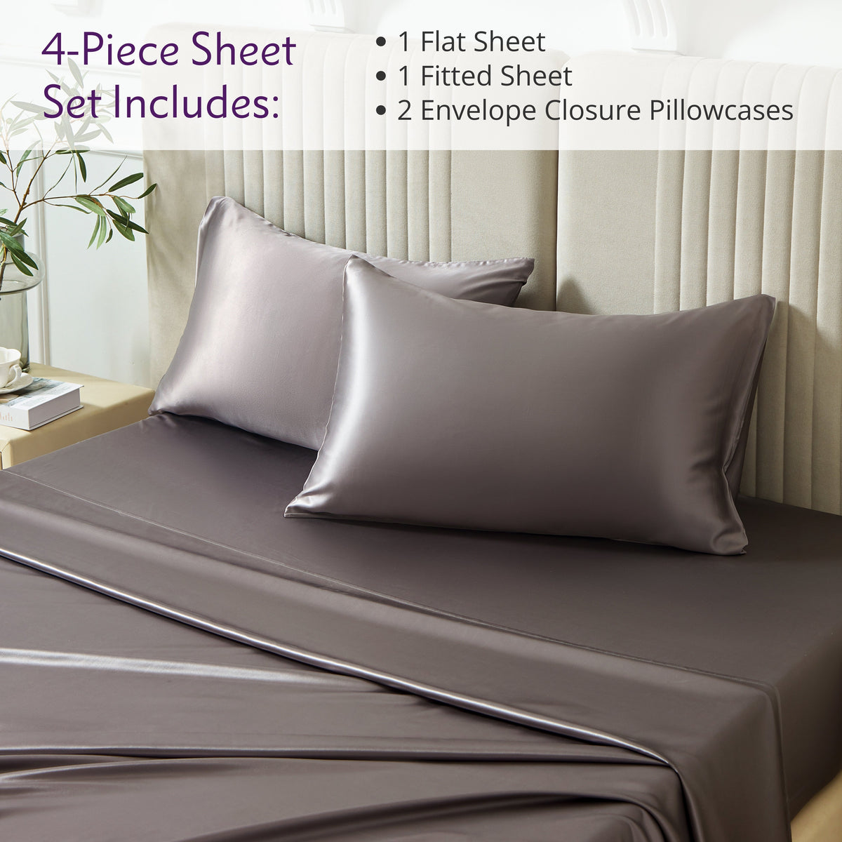 Elegant bed setup featuring a 4-piece sheet set, complete with matching pillows and silk bed sheets