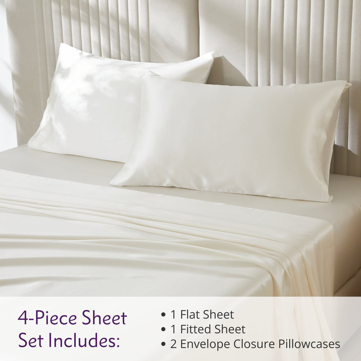 Elegant bed setup featuring a 4-piece sheet set, complete with matching pillows and silk bed sheets