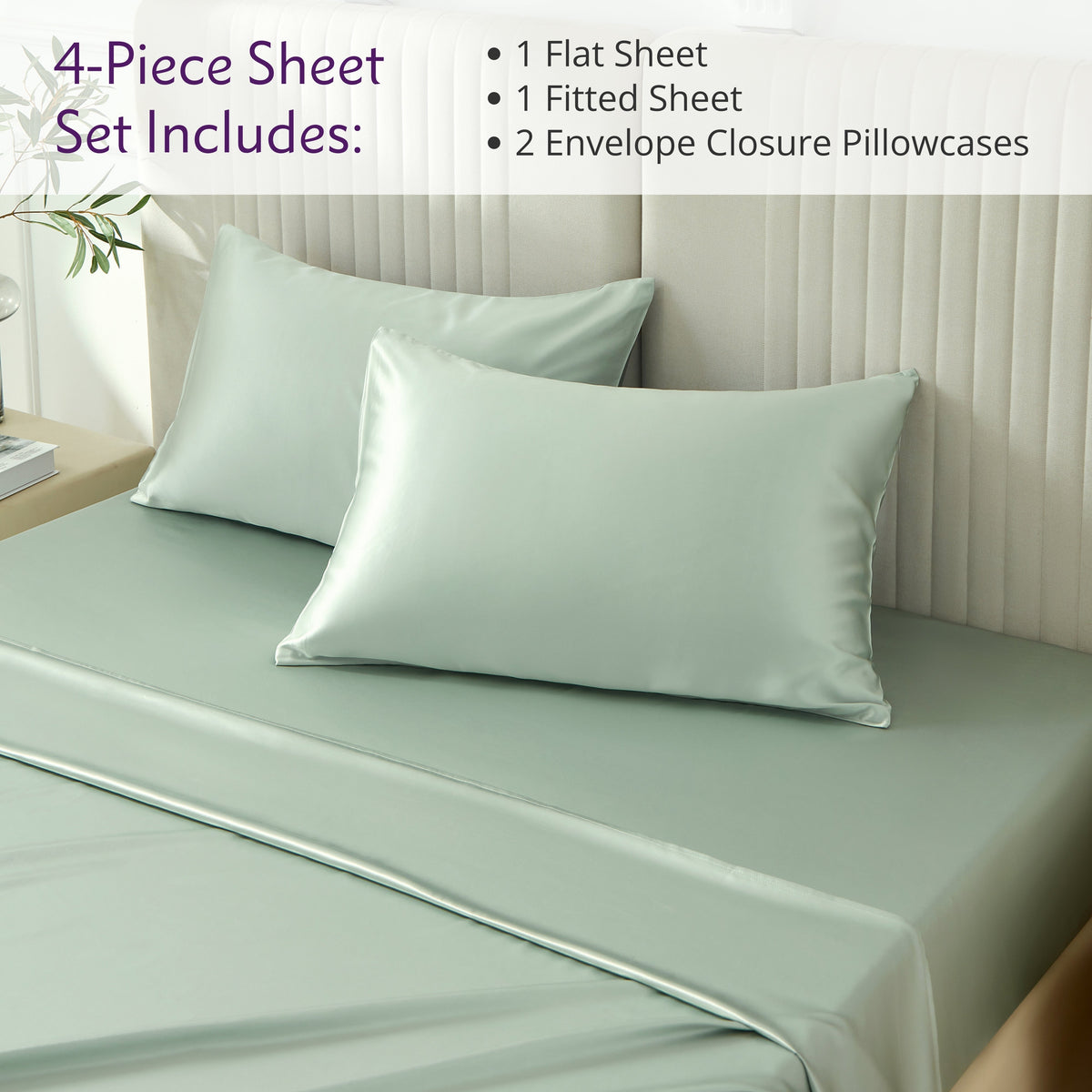 Elegant bed setup featuring a 4-piece sheet set, complete with matching pillows and silk bed sheets