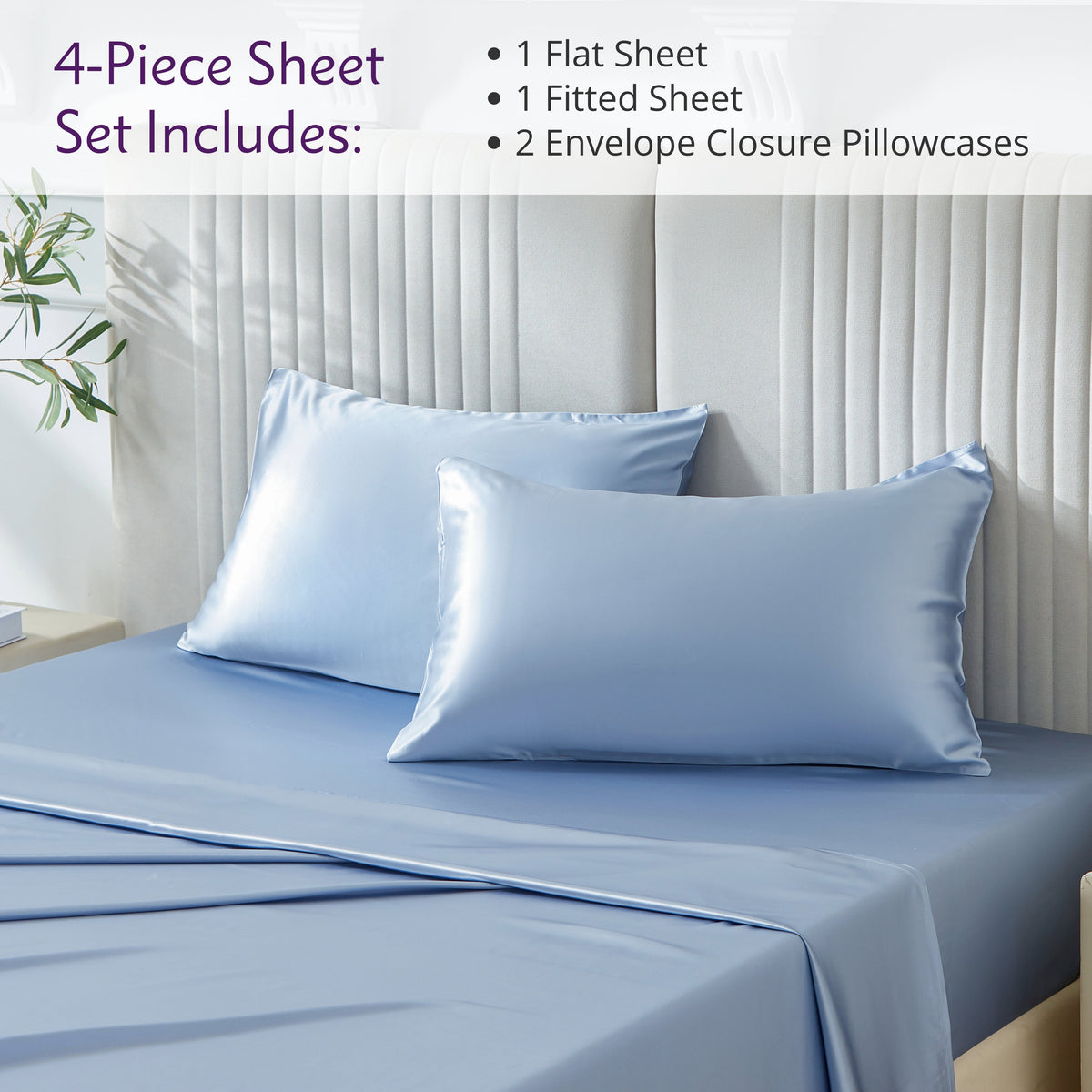 Elegant bed setup featuring a 4-piece sheet set, complete with matching pillows and silk bed sheets