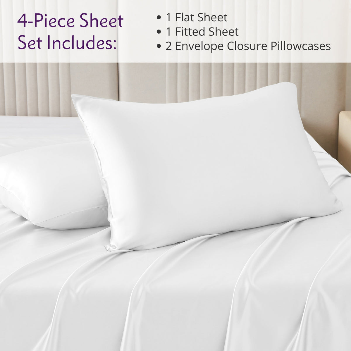 Elegant bed setup featuring a 4-piece sheet set, complete with matching pillows and silk bed sheets