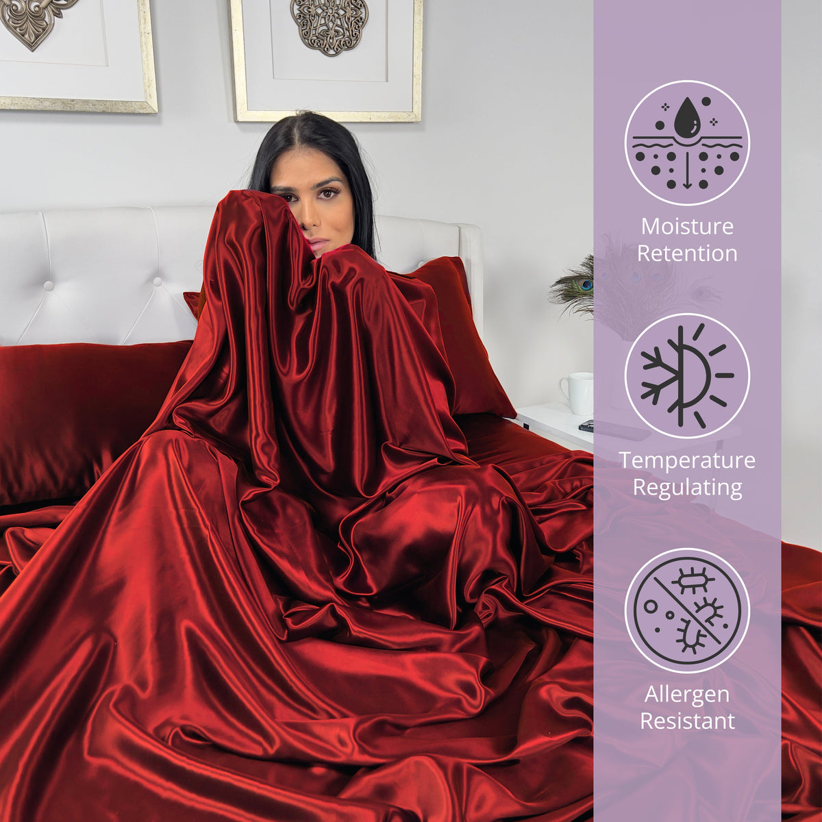 A woman wrapped in a red silk sheet with features listed on the right.