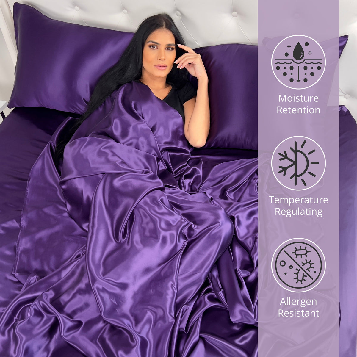 Woman lying on a plum silk bed sheet set with matching pillow, showcasing ultimate comfort