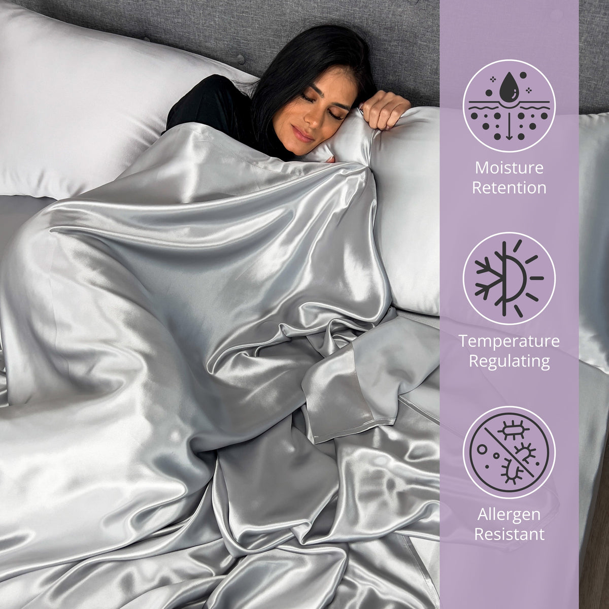 Woman lying on bed with a silver silk pillow under head and enjoying the comfort of silk sheets