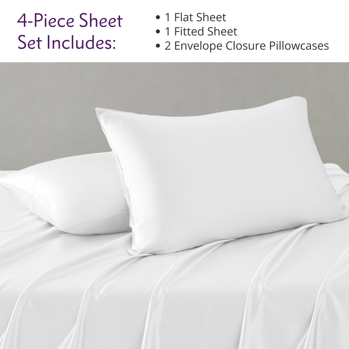 Elegant bed setup featuring a 4-piece sheet set, complete with matching pillows and silk bed sheets