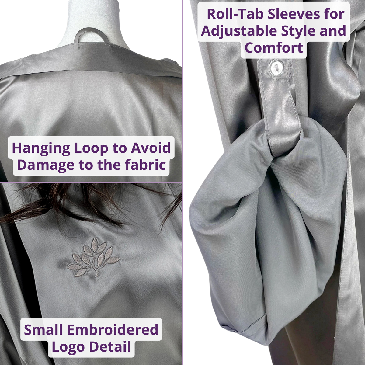 Close-up of hanging loop, embroidered logo, and roll-tab sleeves details on a silk kimono