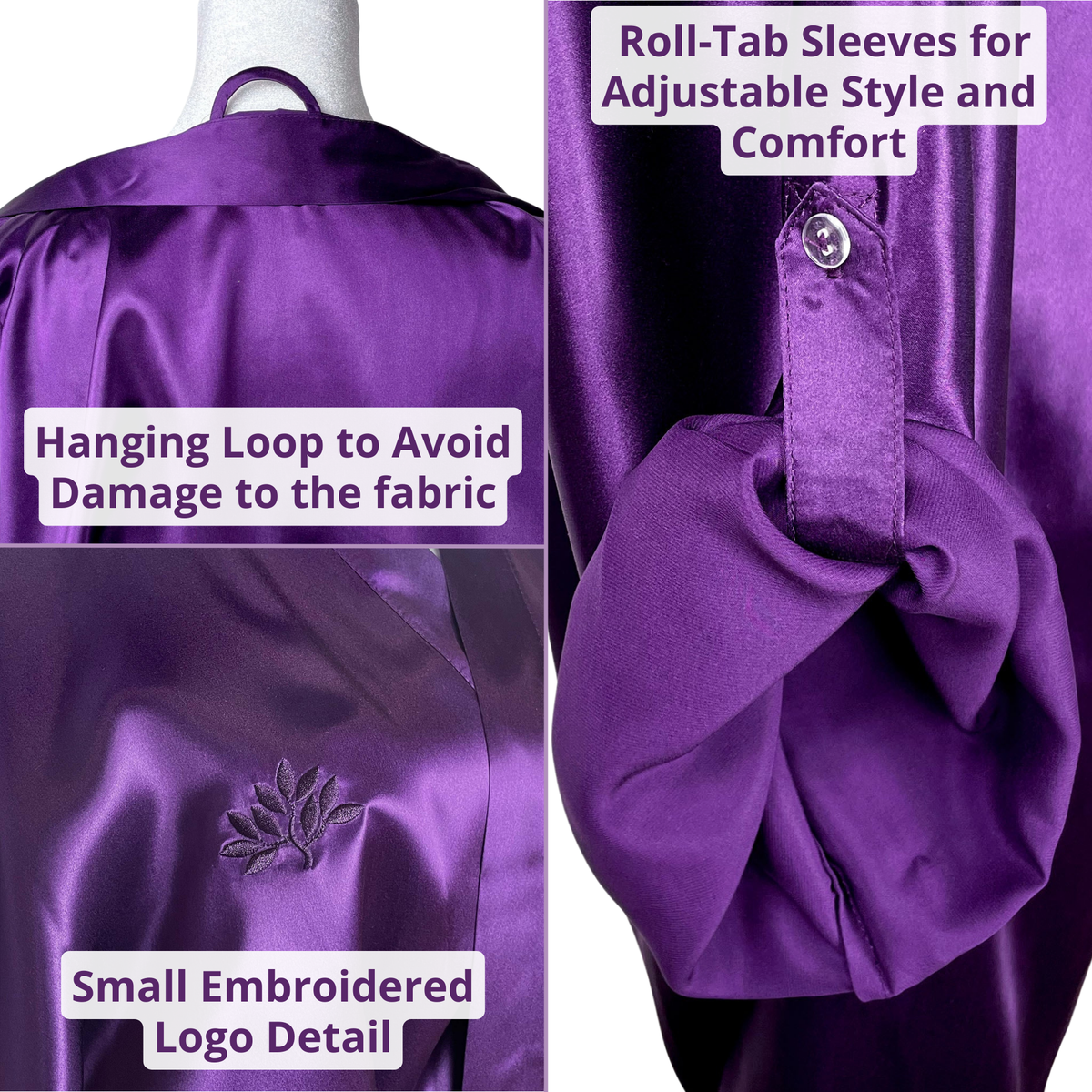 Close-up of hanging loop, embroidered logo, and roll-tab sleeves details on a silk kimono