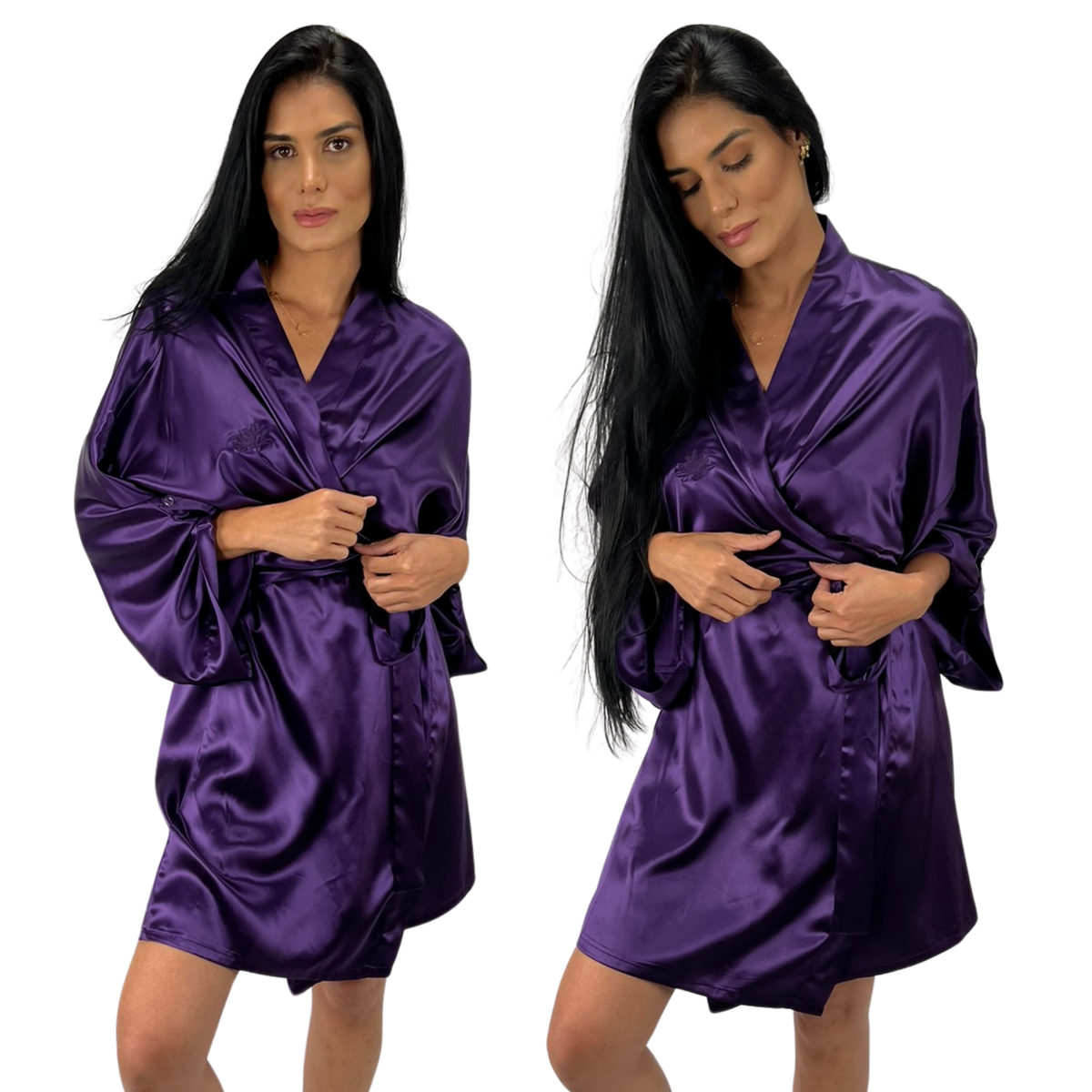 Model wearing a plum female robe, showcasing to show the front and side views 