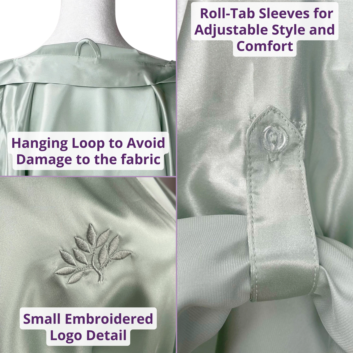 Close-up of hanging loop, embroidered logo, and roll-tab sleeves details on a silk kimono