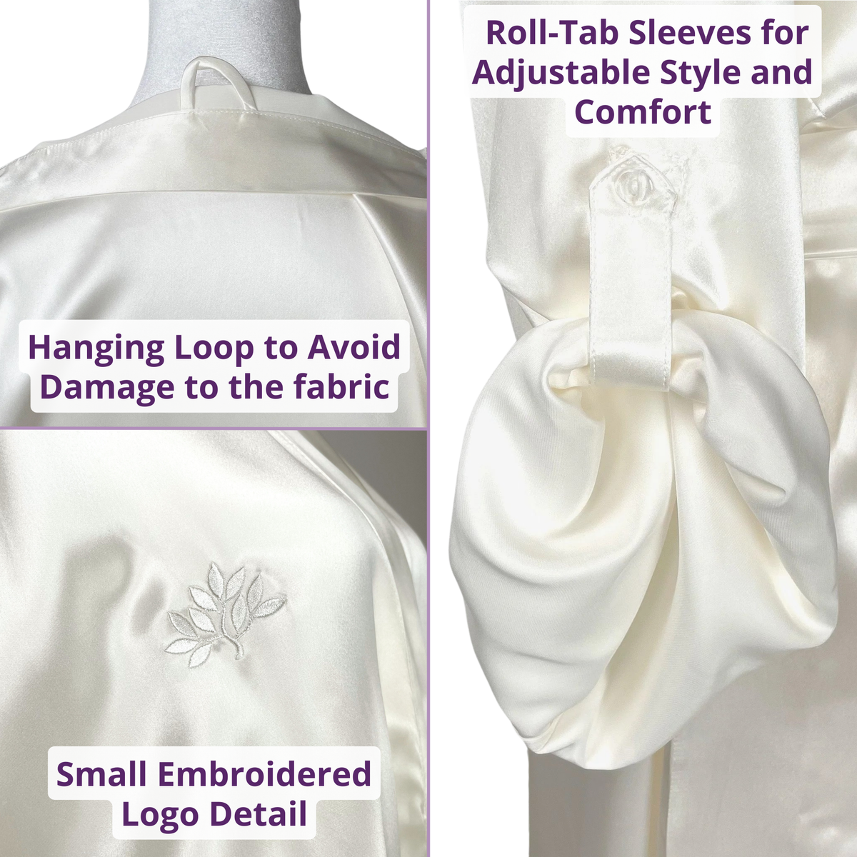 Close-up of hanging loop, embroidered logo, and roll-tab sleeves details on a silk kimono