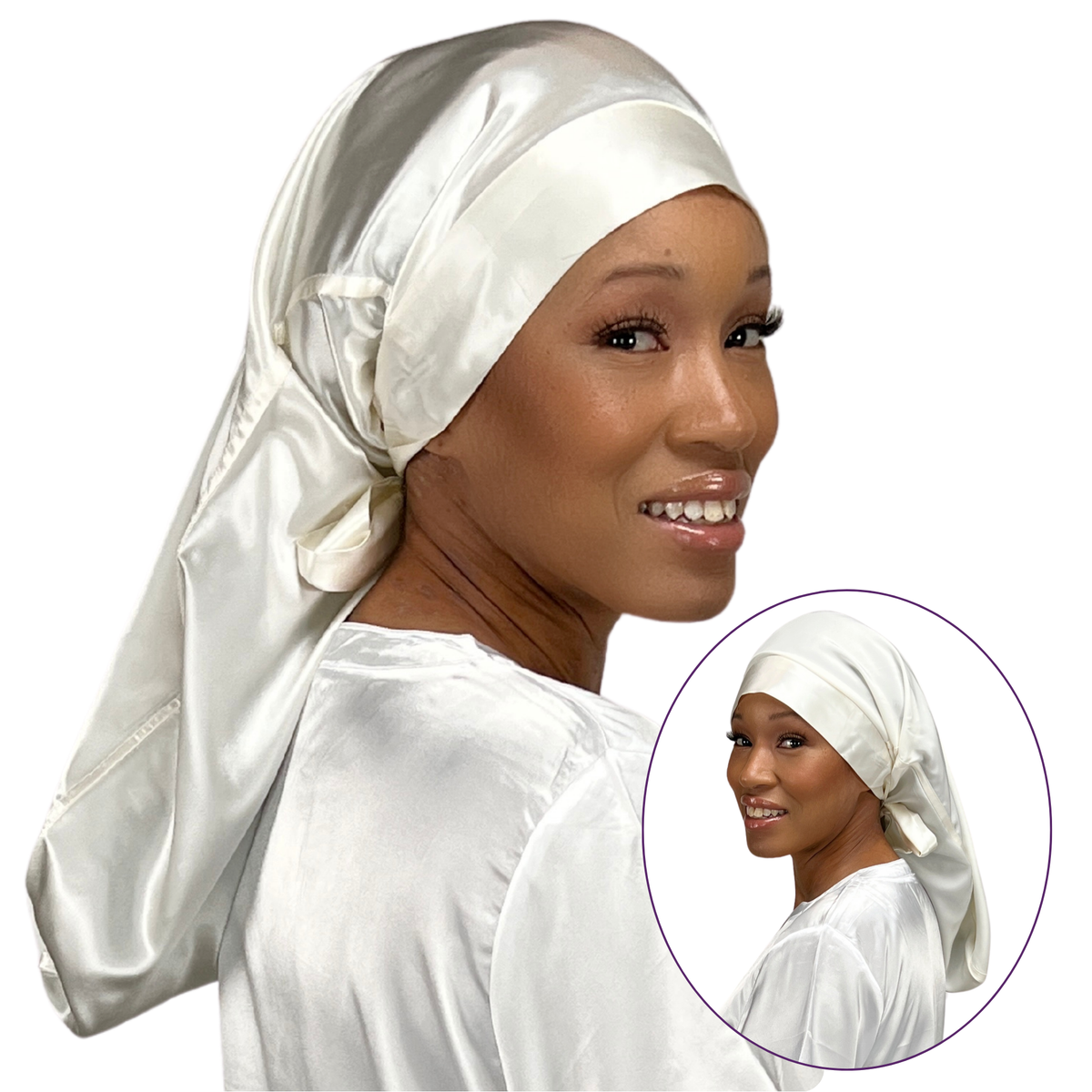 Mulberry Park Silks Long Hair Reversible Bonnet - Ivory