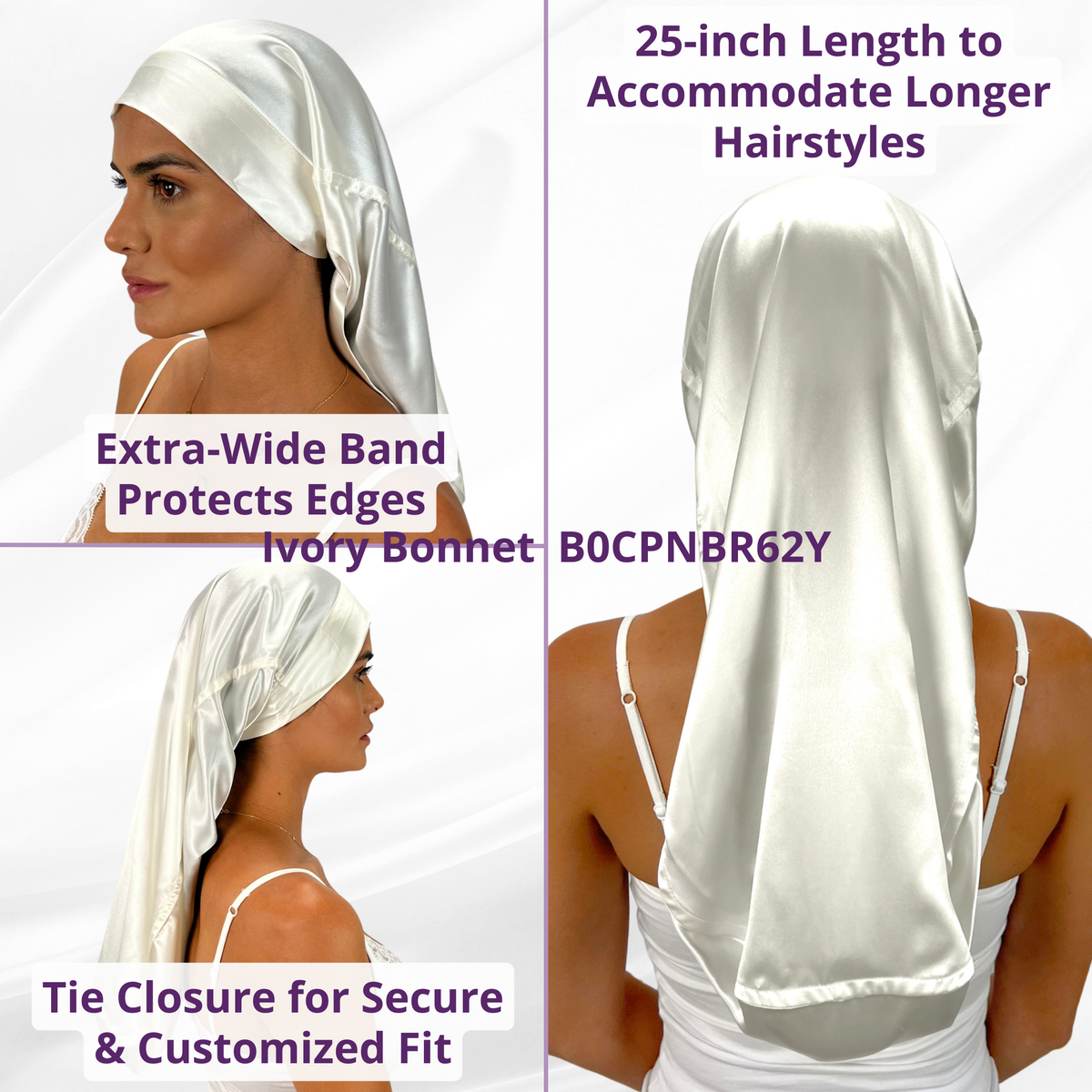 Mulberry Park Silks Long Hair Reversible Bonnet - Ivory