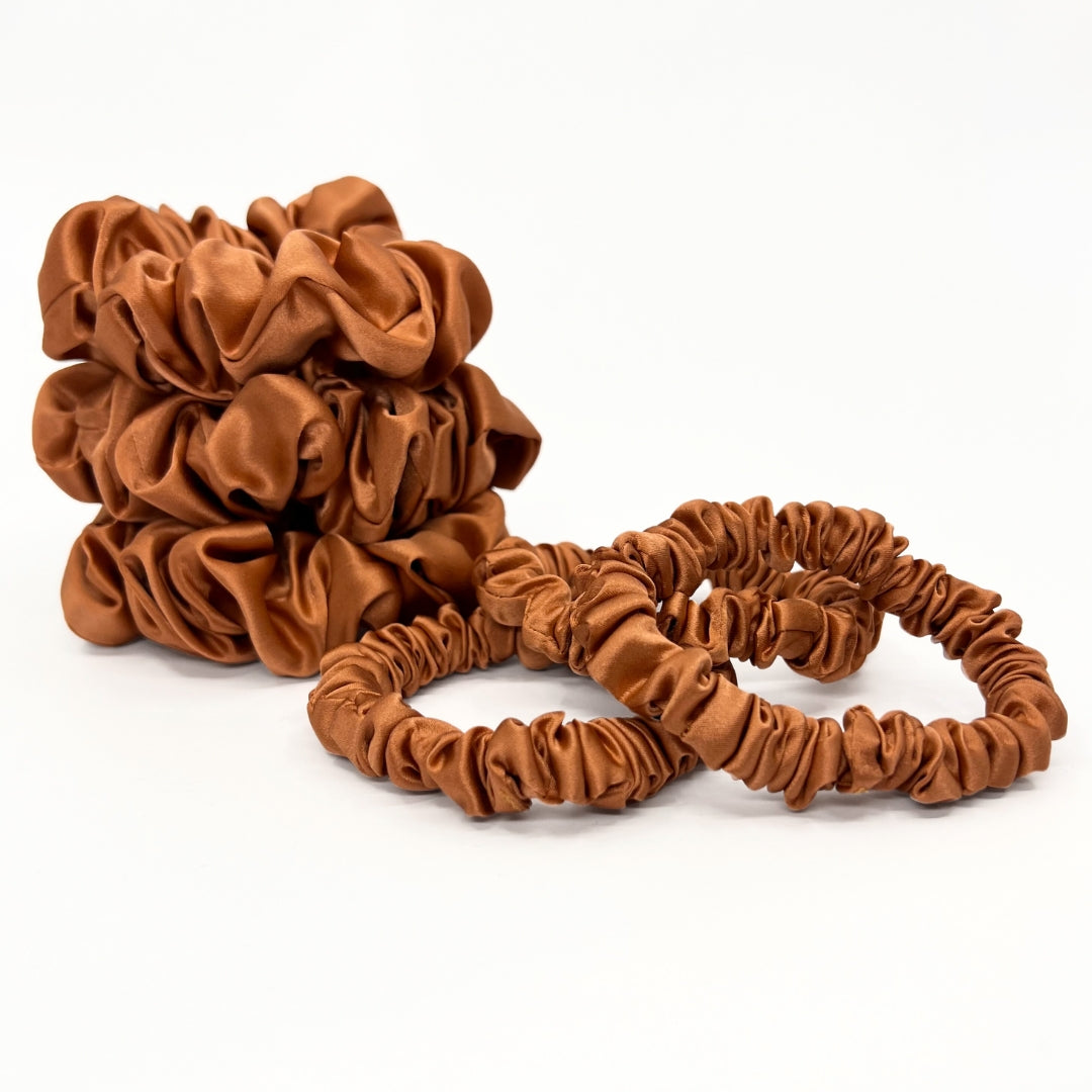 Silk Scrunchies - Copper: A set of large and small Mulberry Park Silks hair scrunchies made from pure Mulberry Charmeuse silk, designed to protect hair.