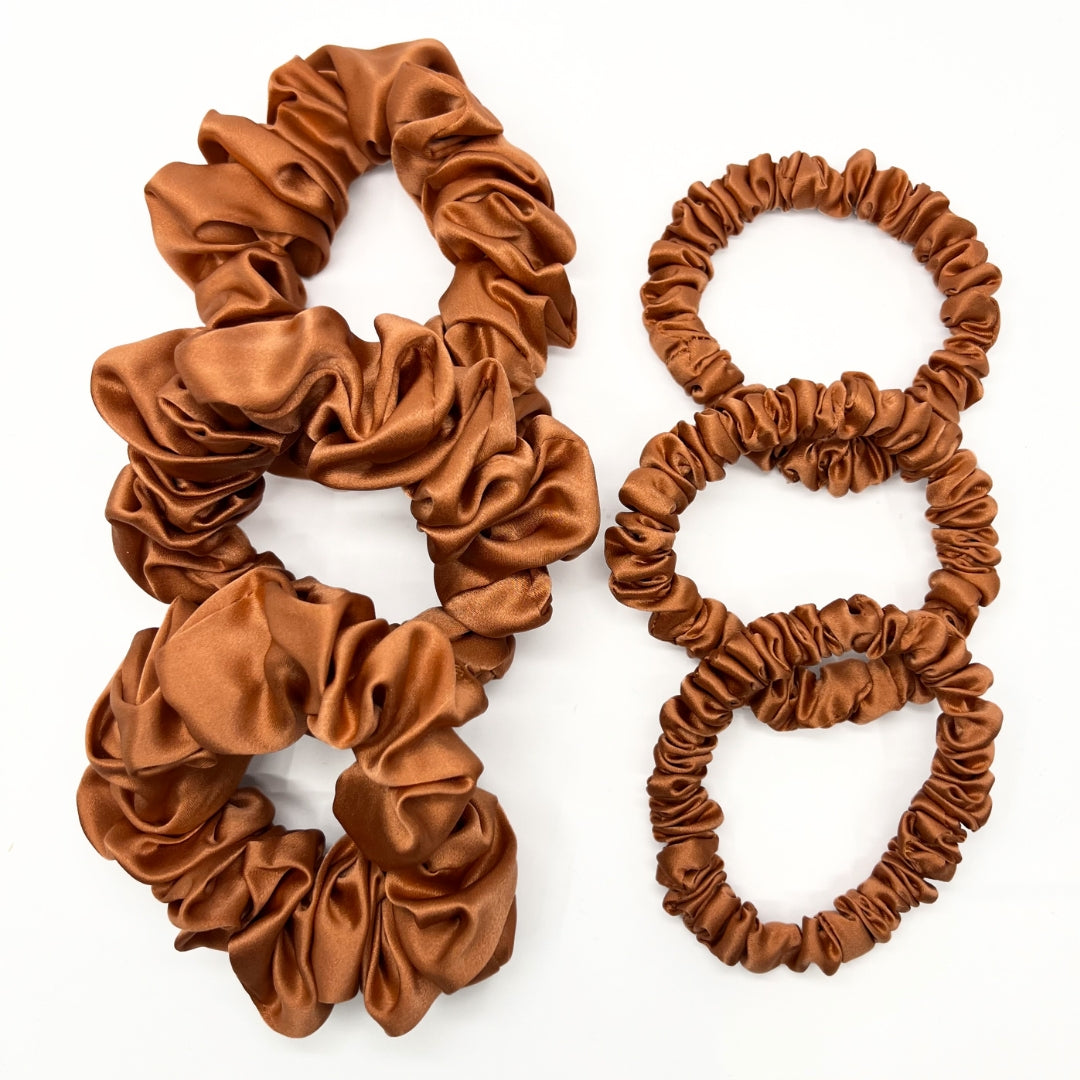Silk Scrunchies - Copper: A set of large and small Mulberry Park Silks hair scrunchies made from pure Mulberry Charmeuse silk, designed to protect hair.
