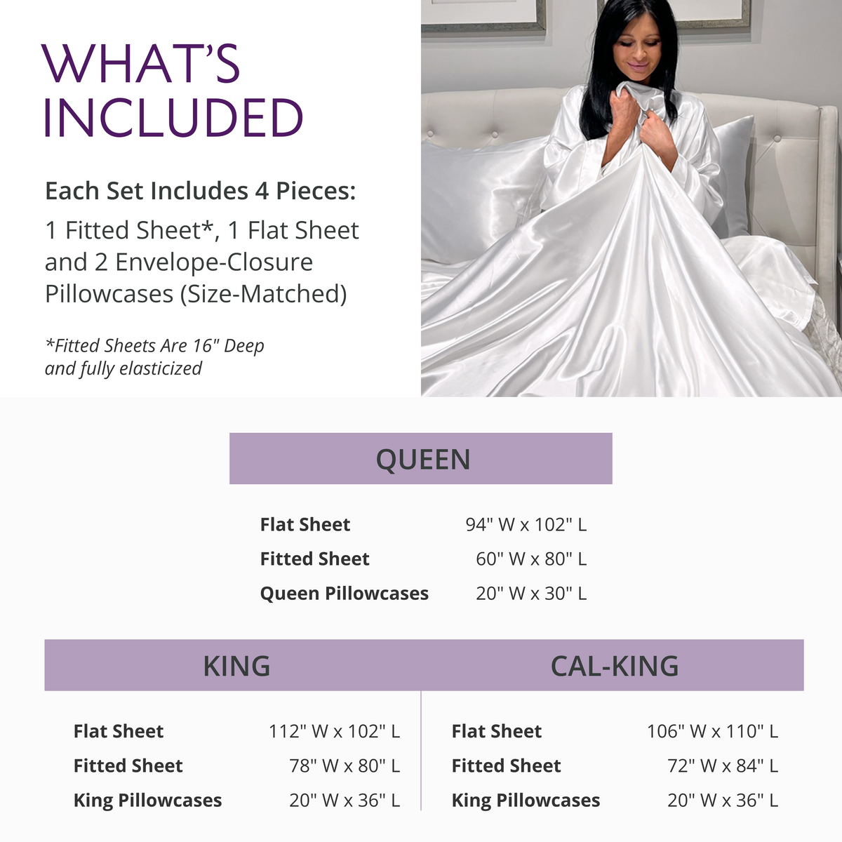 Woman enjoying white silk bedding with included luxurious sheets details and size dimensions shown