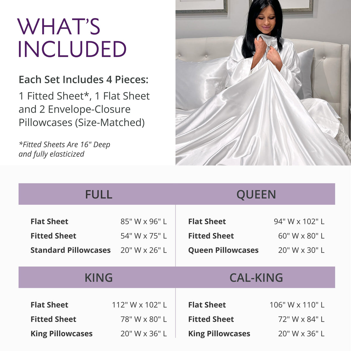 Woman enjoying white silk bedding with included luxurious sheets details and size dimensions shown