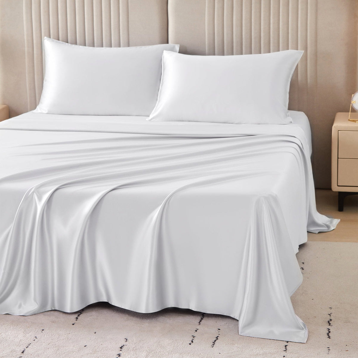Luxurious 22 momme mulberry silk sheets with pillowcases, offering a soft, smooth, and glossy finish
