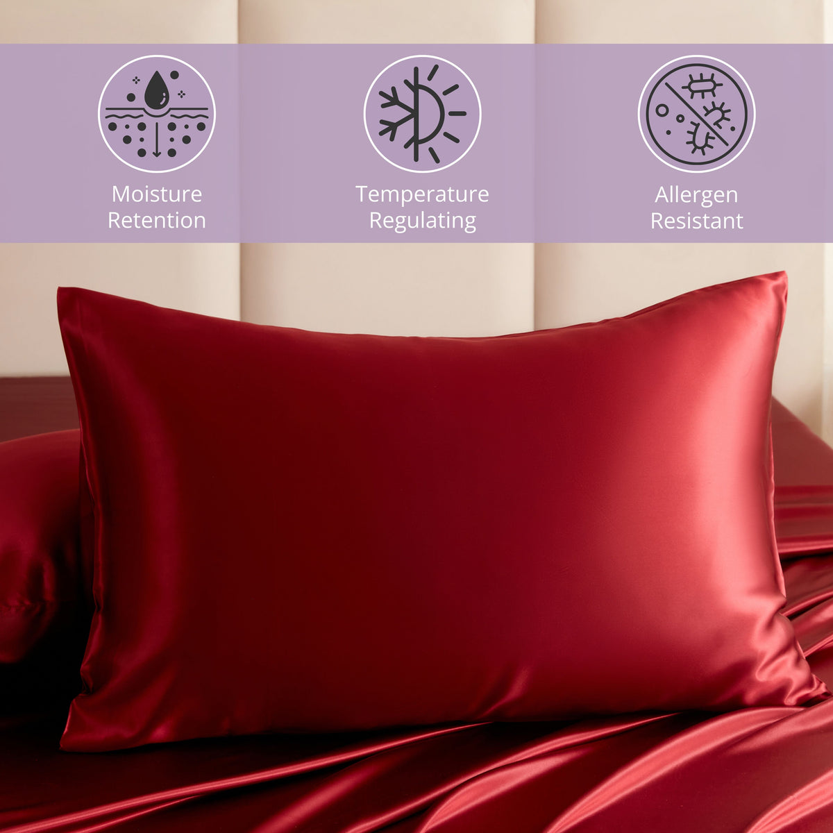 Close-up of a cabernet red Mulberry Park Silks pillowcase highlighting its OEKO-TEX® STANDARD 100 certification, hypoallergenic properties, and temperature-regulating comfort.